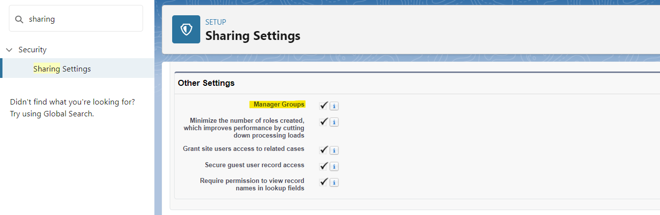 Sharing settings option for manager groups