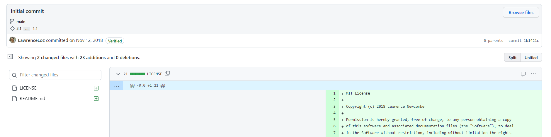 Github screenshot showing first commit