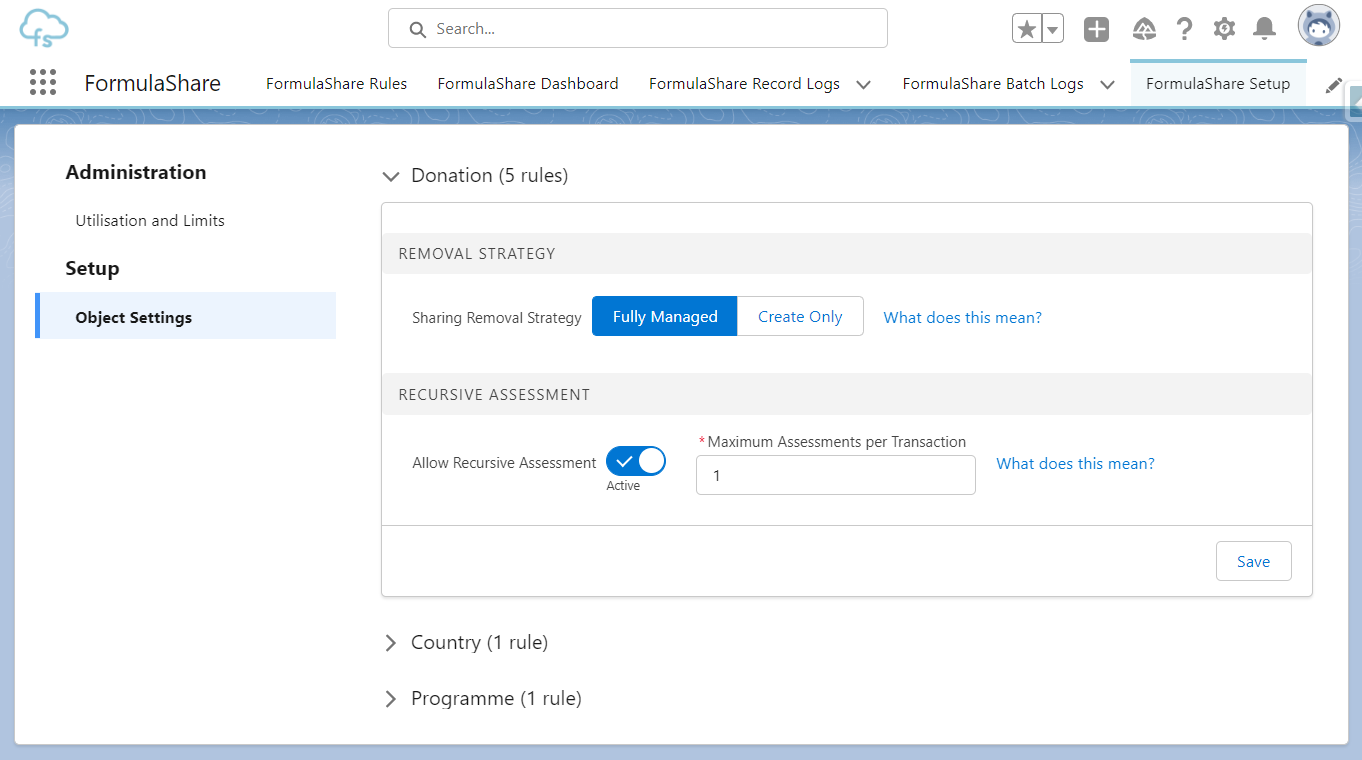 Object settings screen showing recursion strategy